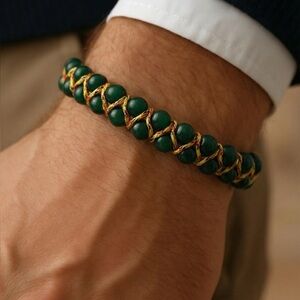 Green Beaded Bracelet with Yellow Accents